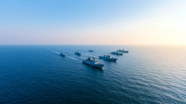 A powerful fleet of modern naval warships sail in formation across the vast open ocean under a bright morning sky during a maritime mission