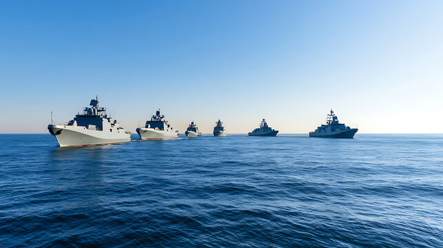 A powerful fleet of grey military warships navigate calm blue ocean waters together under a bright sunny sky during daytime tactical operation
