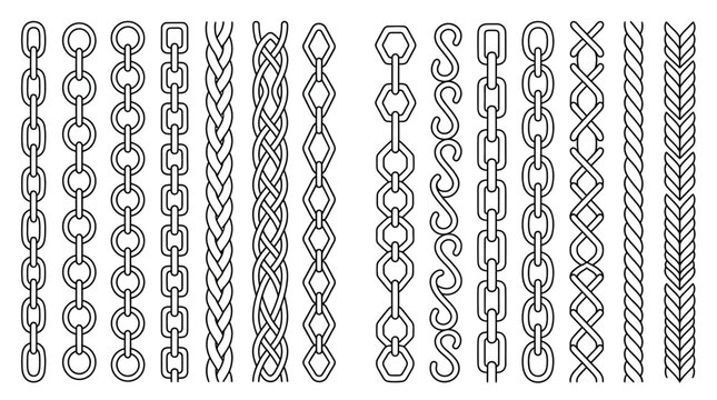 Collection of various black line art chain and rope patterns including links and braids on white background, perfect for graphic design, border decoration and jewelry illustration