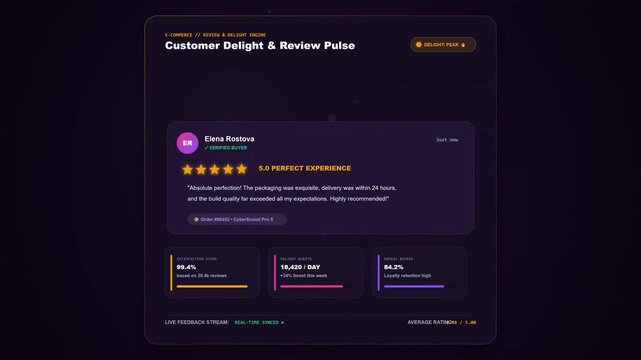 Dark interface shows customer review pulse metrics. Purple avatar and five-star rating indicate high satisfaction. Review text praises product quality and delivery speed. Key stats highlight delight
