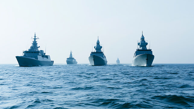 A powerful fleet of modern naval warships sailing in formation across the vast open ocean under a bright sky during a daytime maritime patrol