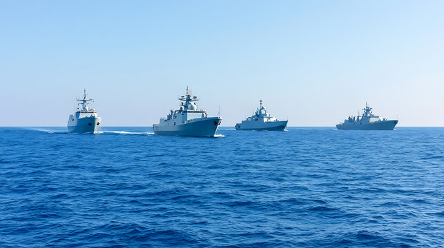 A powerful fleet of grey military warships navigate across the bright blue ocean water under a clear sky during a maritime security patrol mission