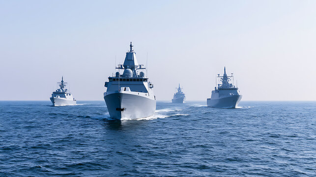 A powerful naval fleet of grey military warships navigate together in formation across the calm blue open ocean during daytime bright sun