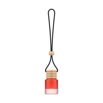 Illustration of a hanging car air freshener, in a red container with a rope for hanging, to create a pleasant aroma in the car interior.