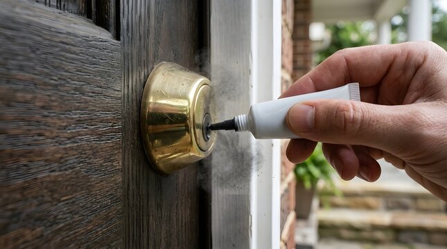 Close up shot of hand applying graphite lubricant into a brass door lock cylinder on a dark wood door outdoors