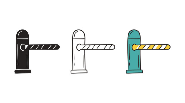 Set of hand drawn parking barrier gate icons in black silhouette outline and colored versions on white background, perfect for parking app interface, security system and traffic control