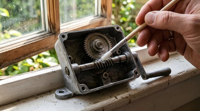 Hand brushing lubricant onto a vintage metal worm gear mechanism on a white windowsill with soft window light.