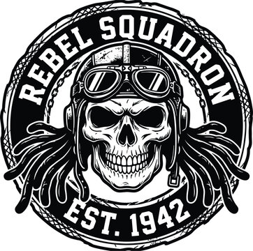 Vintage military rebel squadron circular patch illustration displaying aviator skull wearing retro pilot helmet goggles and dreadlocks