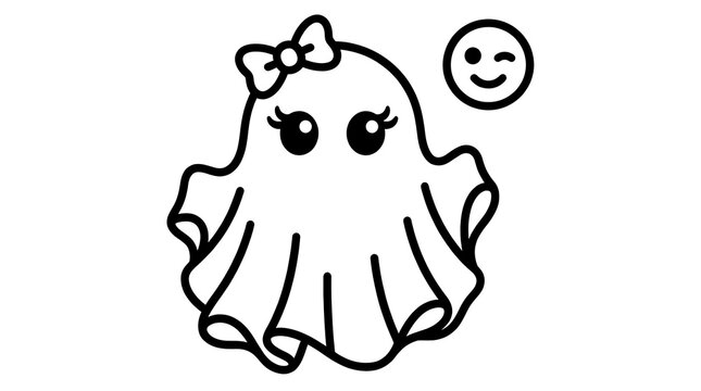 Cute ghost drawing with a bow and winking face icon for Halloween coloring page design