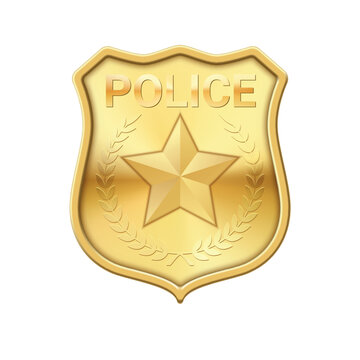 An illustration of a classic police badge or token in the form of a gold shield with a star and laurel wreath on a white background
