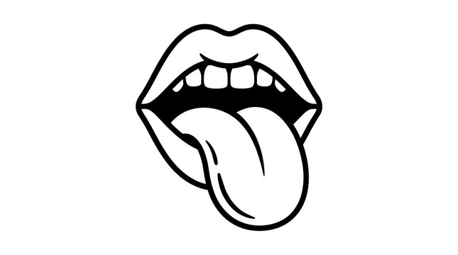 Black and white line art illustration of a mouth sticking out tongue