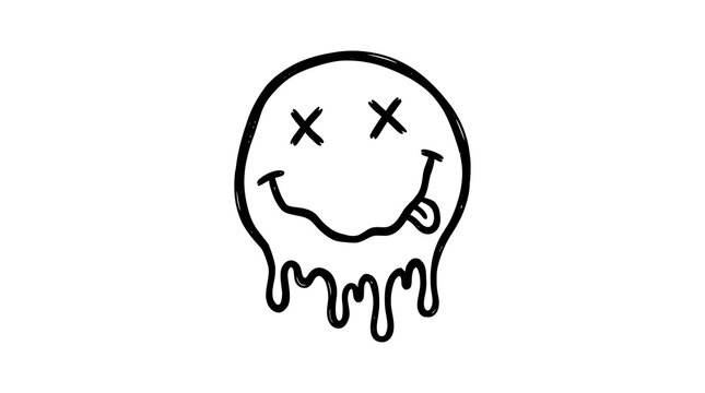 Dripping smiley face icon with X eyes and tongue out in a hand drawn doodle style.