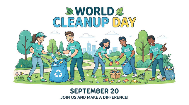 A cheerful cartoon illustration shows five diverse volunteers cleaning a sunny park, as one places trash into a blue recycling bag, another holds a bag at center, others pick up litter with gloves