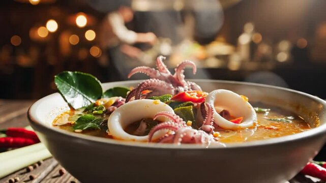 Delicious and flavorful seafood soup with squid and octopus served steaming hot on a wooden table.