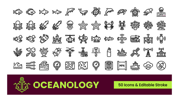 Set of 50 oceanology and marine research line icons