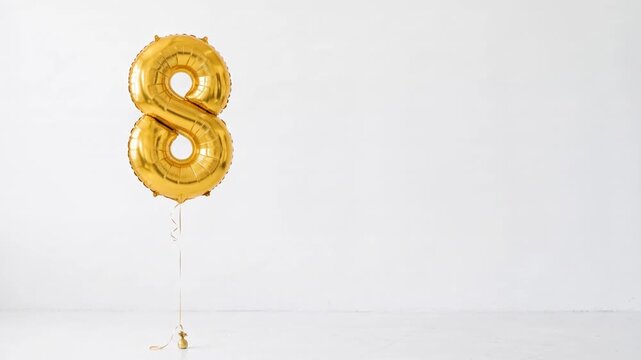 Large gold number eight helium balloon floating against a clean white background with generous copy space, ideal for eighth birthday, anniversary, milestone and celebration concepts.