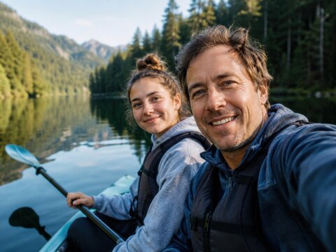 L&auml;chelndes Paar macht ein Selfie beim Kajakfahren auf einem stillen Bergsee in den USA &ndash; aktiver Natururlaub zwischen Wald, Wasser und eindrucksvoller Gebirgslandschaft.