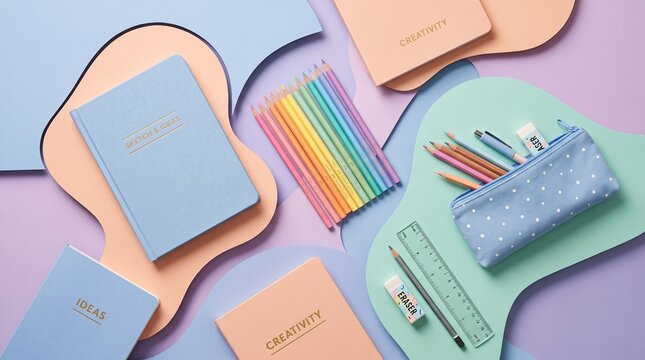 Pastel back to school stationery flat lay on wavy background