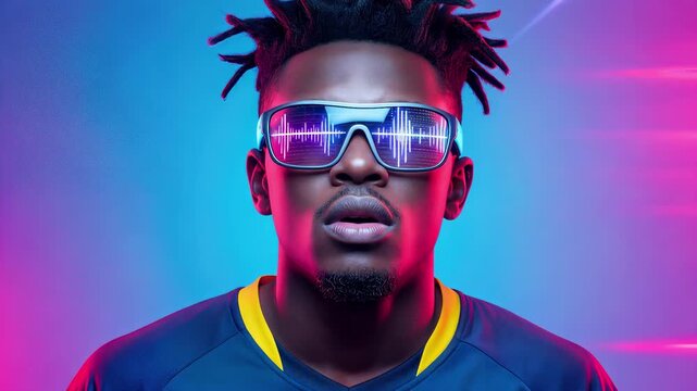 Young man wearing futuristic smart glasses with digital equalizer display. Cyberpunk style portrait in neon lighting. Panning camera shot.