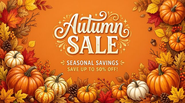 Autumn sale banner with pumpkins and colorful fall leaves