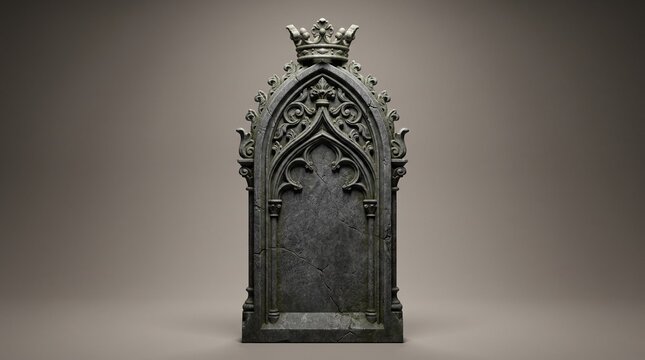 Gothic stone archway with royal crown, ornate dark marble pedestal, medieval architectural frame for fantasy gaming and luxury branding