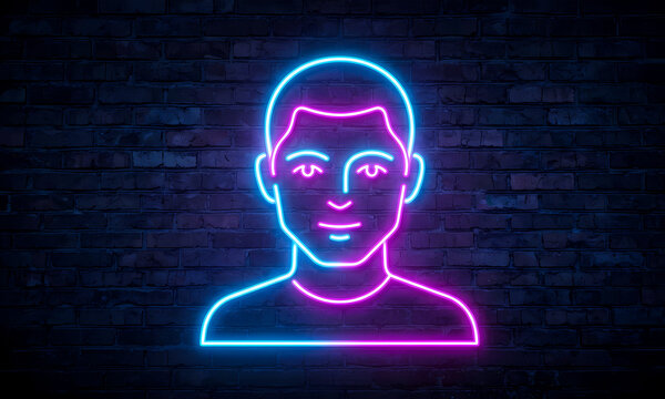Neon light avatar icon of a male face glowing against a dark textured brick wall background