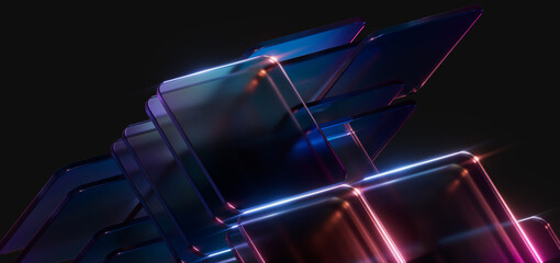 Fototapeta na wymiar Abstract neon glass floating panels for technology background. Modular block structure of Cloud computing concepts, IT corporate websites, or blockchain UI app interface design layouts. 3d rendering