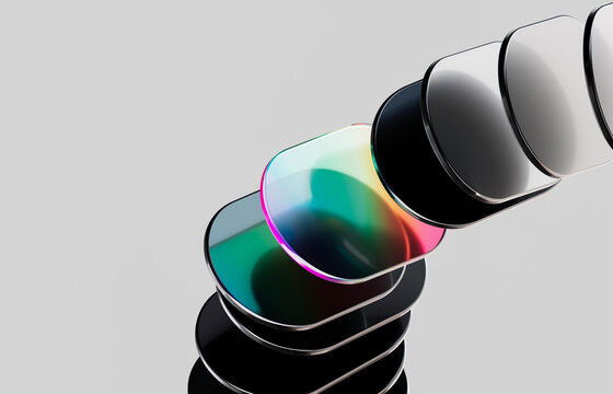Stacked rounded black metal glass plates with iridescent colors geometric 3d abstract background for fintech interface, UI UX mockup, premium product showcase. 3d rendering
