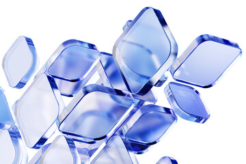 Fototapeta na wymiar Abstract cluster of overlapping blue glass geometric blocks on white. Complex database visualization, layered software architecture, and UI/UX design mockups. 3d rendering