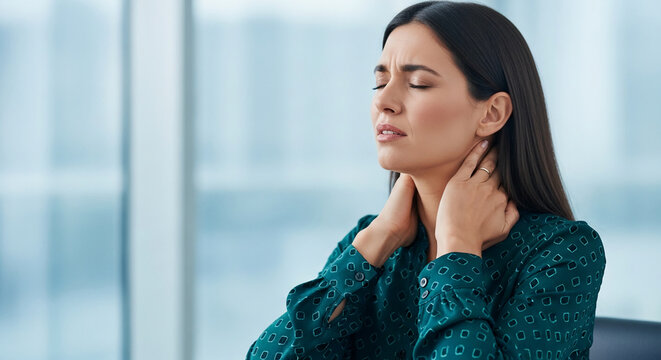 Woman with closed eyes, hands on neck in apparent discomfort, symbolizing stress, pain, or fatigue in a business environment