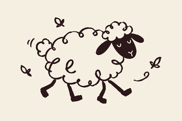 Obraz premium Running Sheep with Butterflies Hand Drawn Doodle
