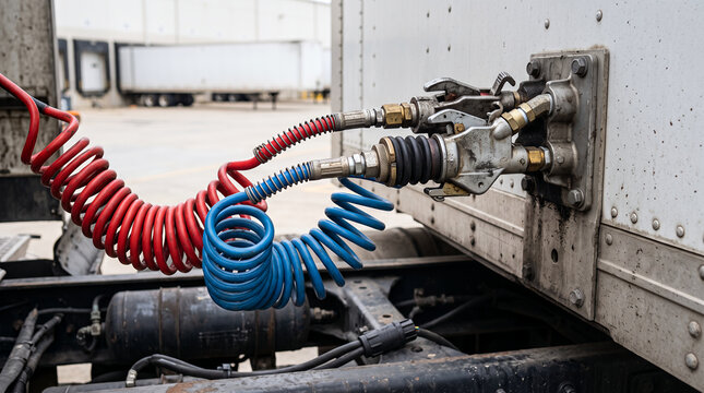 Delivery truck air brake hose connection with red and blue lines, trailer coupling and maintenance