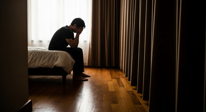 Man sitting on bed, head in hands, symbolizing sadness, despair, or loneliness within a dimly lit room.