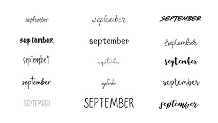 Obraz premium September month text calligraphy, typography in various font style isolated on white, transparent background