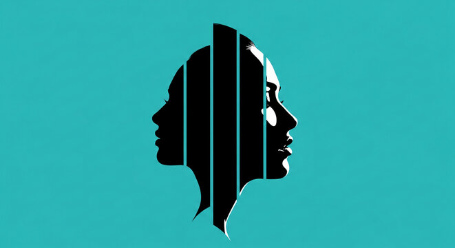 Silhouette profile of two faces in black and white, symbolizing duality, contrast, and different perspectives, set against a solid blue background