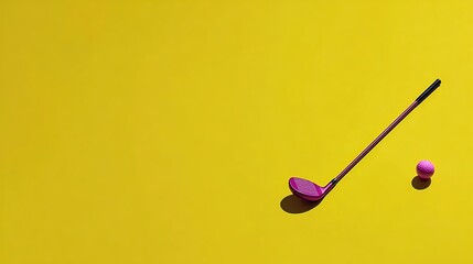 Fototapeta premium Pink golf club and ball on yellow background, Flat lay sport equipment composition, Hobby activity accessory concept