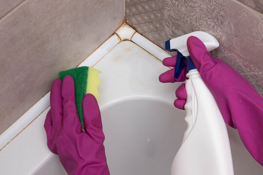 Person wearing rubber gloves holding a cleaning spray and sponge near a dirty bathtub corner. Concept of mold removal, deep cleaning, stubborn dirt, bathroom hygiene, household cleaning.