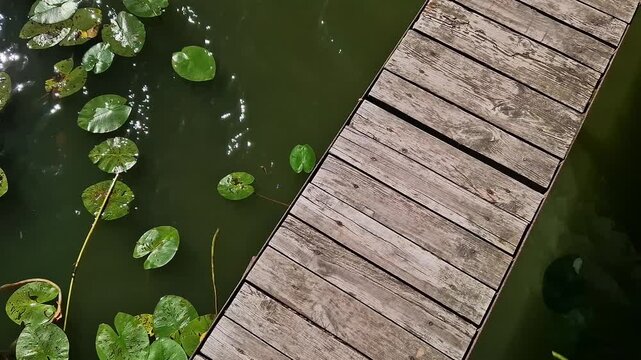 Top view of an old wooden pier passing over a pond. Wooden bridge over lake water with water lilies. Natural background with wooden decking and pond plants. Minimalistic natural background