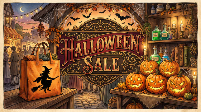Festive Halloween scene with sale banner, pumpkins, witch bag, and market stalls, symbolizing seasonal shopping and spooky celebrations