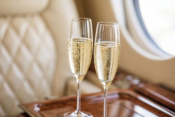Obraz premium The Champagne Glasses on a Tray in a Luxurious Airplane Cabin