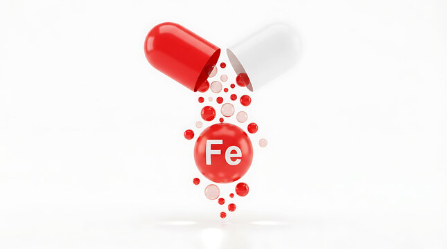 Medical capsule pill opening up to reveal iron mineral supplement particles on white background