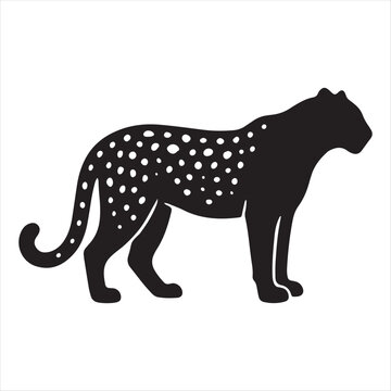 Black silhouette of a standing leopard with spots in a simple flat vector style
