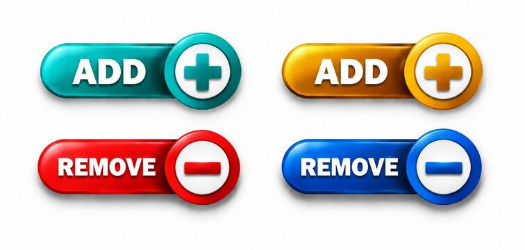 Add and remove toggle buttons with plus and minus icons in vibrant colors