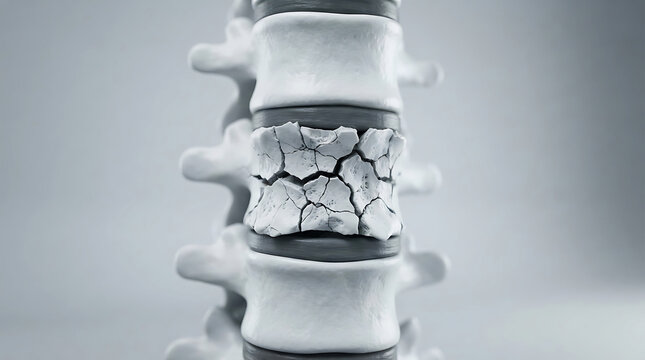 Medical illustration showing a fractured human vertebral bone with severe osteoporosis and structural damage