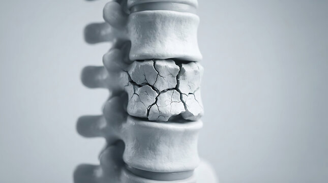 Medical illustration of a human spine showing a fractured vertebra with severe bone damage