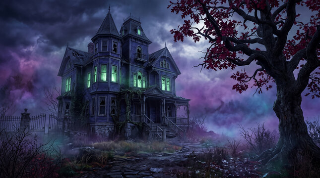 A dark, eerie Victorian mansion under a stormy, purple-hued sky, with a gnarled tree and mist, symbolizing mystery and suspense, perfect for horror themes.