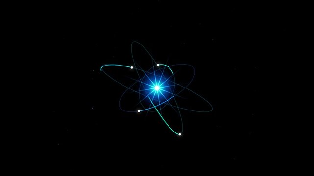 Abstract glowing quantum atom model with orbiting electrons and atomic nucleus motion graphics seamless loop animated background