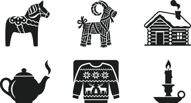 Cozy winter holiday vector silhouette set featuring Dala horse, Yule goat, wooden cabin, teapot, sweater, and candle.