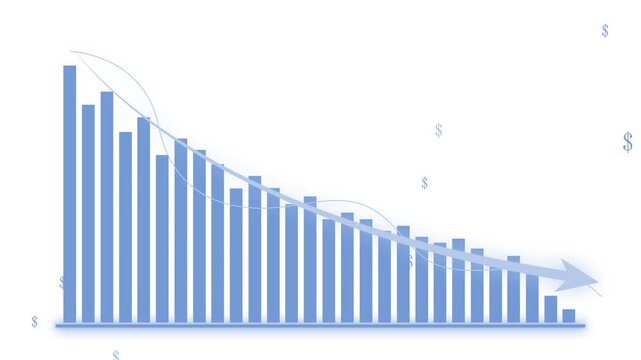 Monochrome descending financial bar chart animation, Descending values with curved trend lines and arrow, dollar symbols scattered