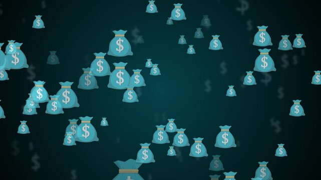 Abstract dark background with floating money bag icons and dollar signs animation